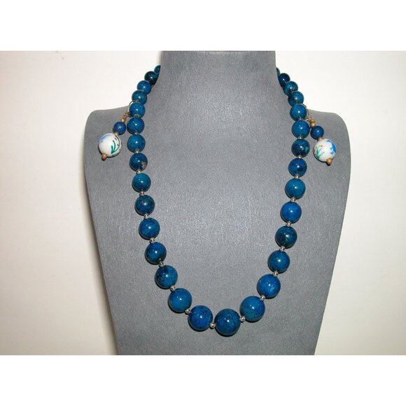 14K Gold Lapis Lazuli Necklace & 2 Pair Earrings Set With Hand-Painted Porcelain - Picture 2 of 7